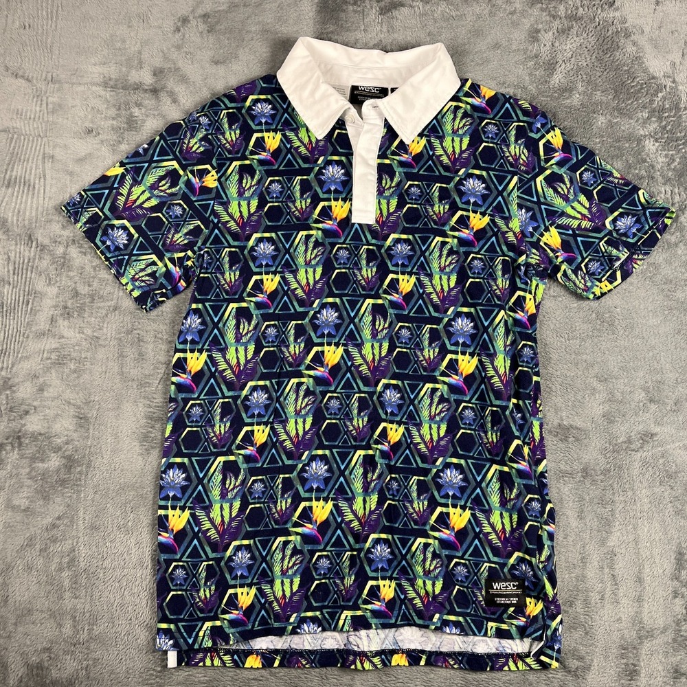 WeSC Polo Shirt Unisex S/M Multi Botanical Golf Performance Resort Wear Athletic